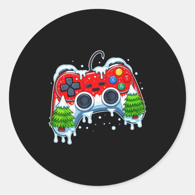Pegatina Redonda Video Game Controller Christmas Santa Hat Gamer Bo (Anverso)