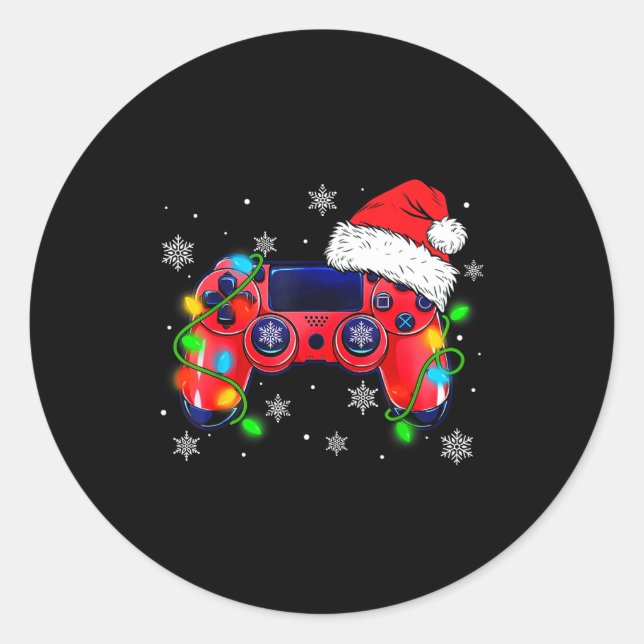 Pegatina Redonda Video Game Controller Christmas Santa Hat Gamer Bo (Anverso)