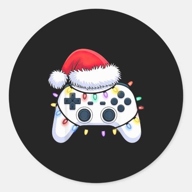 Pegatina Redonda Video Game Controller Christmas Santa Hat Gamer Bo (Anverso)