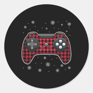 Pegatina Redonda Video Game Controller Red Plaid Gamer Niños Niños