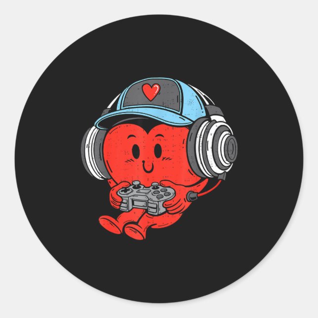 Pegatina Redonda Video Game Gamer Heart Valentines Day Gaming Boys  (Anverso)