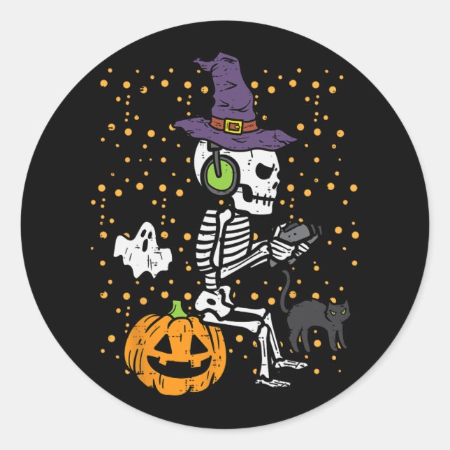 Pegatina Redonda Video Gamer Skeleton Halloween Costume masculinos  (Anverso)