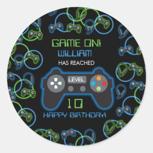 Pegatina Redonda Videojuego Neon Blue & Green Birday Party
