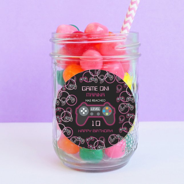 Pegatina Redonda Videojuego Neon Pink Girls Birday Party (Video Game Neon Pink Girls Birthday Party Classic Round Sticker)