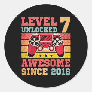 Pegatina Redonda Videojuego vintage de nivel 7 sin bloquear 7º cump