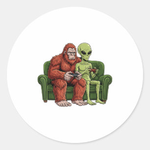 Pegatina Redonda Videojuegos de Bigfoot Alien Sasquatch Ovni Hombre