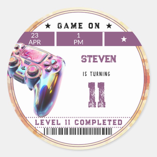 Pegatina Redonda Videojuegos de cumpleaños (Anverso)