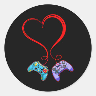 Pegatina Redonda Videojugador Día de San Valentín Controlador de vi