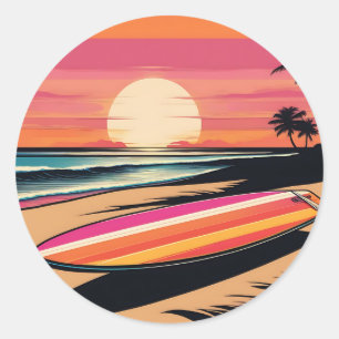 Pegatina Redonda Videos de Surfboard Retro Sunset Serenity