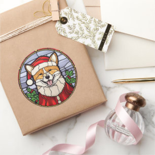 Pegatina Redonda Vidriera de Shiba Inu Navidad