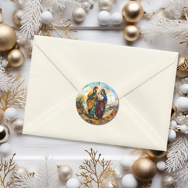 Pegatina Redonda Vidrieras Religiosas Fiesta Familiar (Religious Stained Glass Holiday Family Classic Round Sticker
)