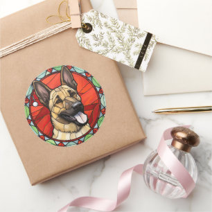 Pegatina Redonda Vidrio de colores de Navidad del Malinois Belga