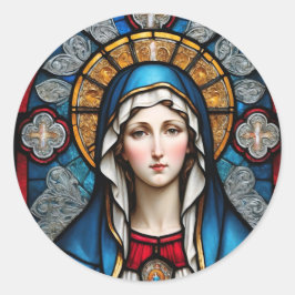 Pegatina Redonda Vidrio manchado de la Virgen María Católica