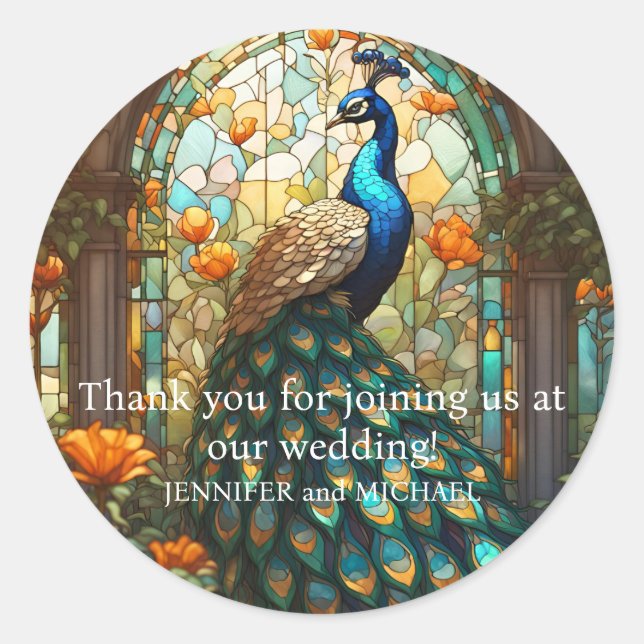 Pegatina Redonda Vidrio Manchado De Pavo Real Gracias Pegatinas De  (Anverso)