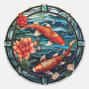 Pegatina Redonda Vidrio Manchado estilo asiático Koi Fish y Camelli