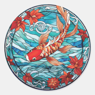 Pegatina Redonda Vidrio Manchado estilo asiático Koi Fish y Camelli