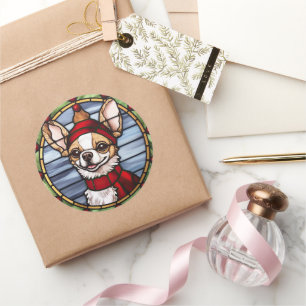Pegatina Redonda Vidrio Pintado de Navidad Chihuahua