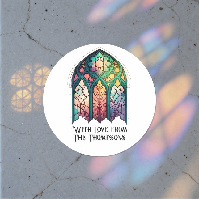 Pegatina Redonda Vidrio Pintado Navidad Personalizado Fiesta Navide (Stained Glass Christmas Holiday Personalized Classic Round Sticker)