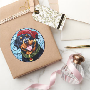 Pegatina Redonda Vidrio Rottweiler de Navidad Teñido