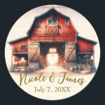 Pegatina Redonda Vieja boda rústica de granjas rojas<br><div class="desc">Personalizar con cualquier texto.</div>