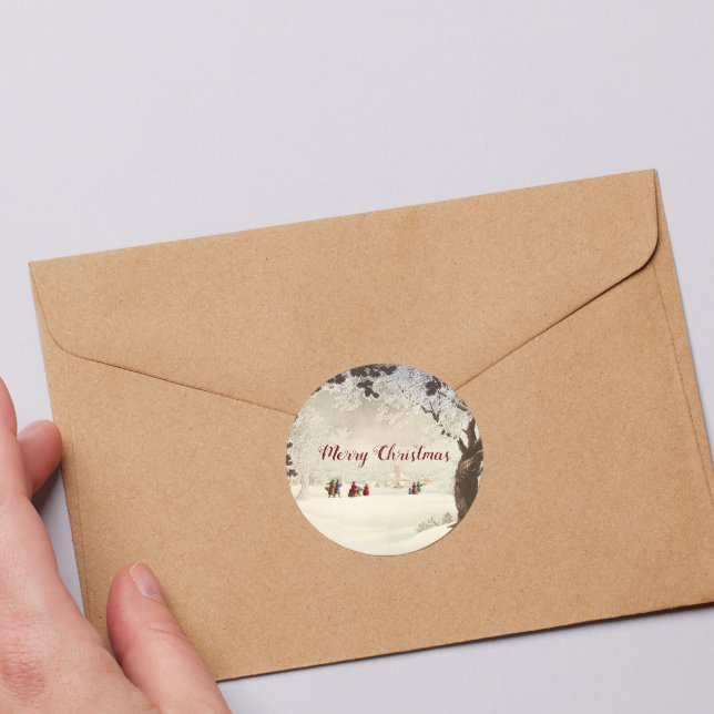 Pegatina Redonda Vieja escena de invierno de Navidades victorianos (Subido por el creador)