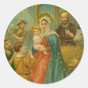 Pegatina Redonda Vieja escena de la Natividad de Navidad