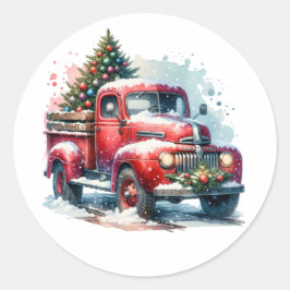 Pegatina Redonda Viejo Camión Rojo Vintage Navidades