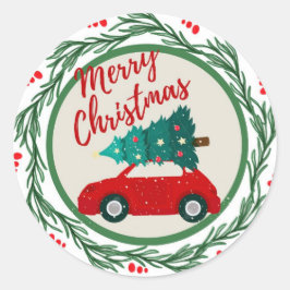 Pegatina Redonda Viejo coche rojo feliz navidad