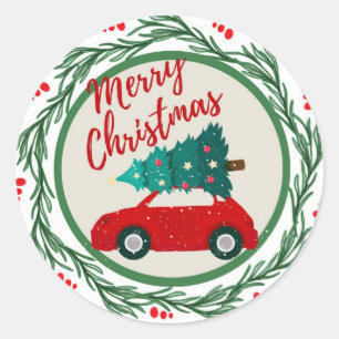 Pegatina Redonda Viejo coche rojo feliz navidad
