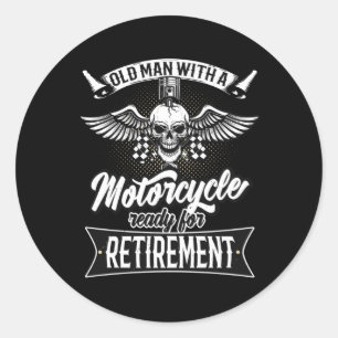 Pegatina Redonda Viejo Con Motocicleta Preparado Para Jubilación