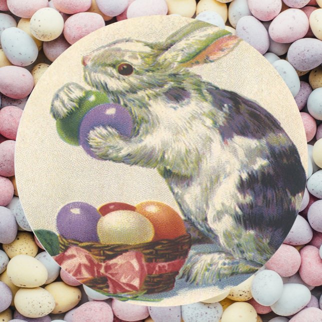 Pegatina Redonda Viejo conejo de Pascua victoriano y huevos de Pasc (Subido por el creador)