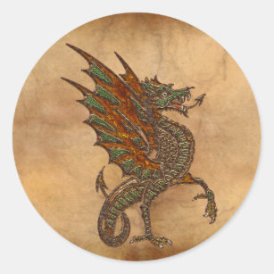 Pegatina Redonda Viejo diseño medieval del dragón de YE