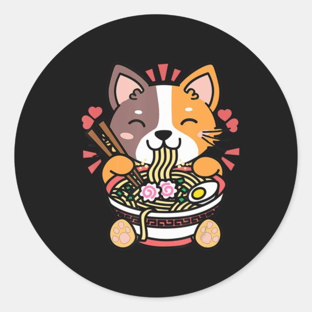 Pegatina Redonda Viejo Kawaii Ramen Cat Anime Regalo de comida japo (Anverso)