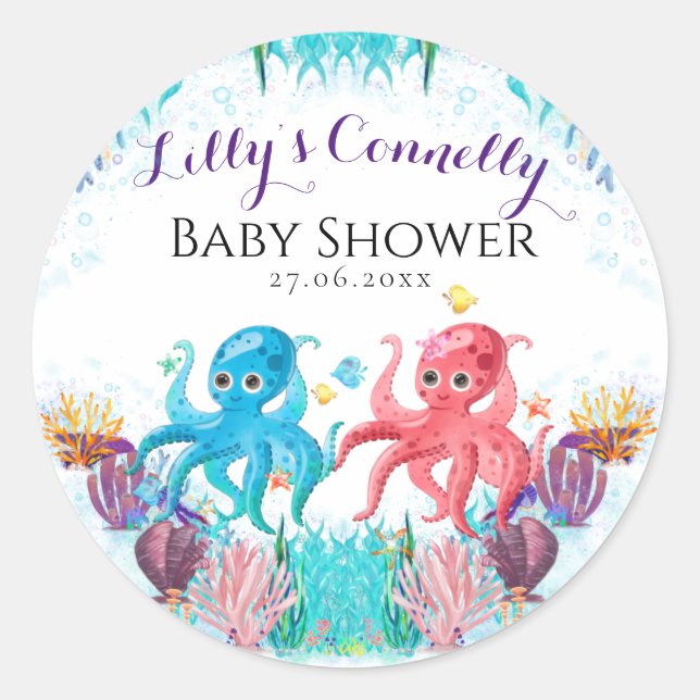 Pegatina Redonda Viejo océano bebé gemelo Octopus colorido (Anverso)