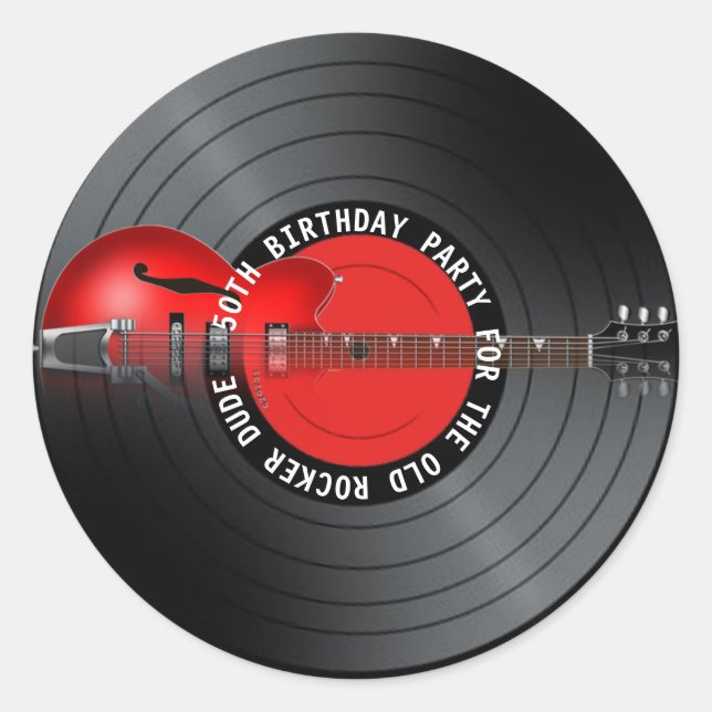 Pegatina Redonda Viejo Rocker Dude Récord de guitarra 50 cumpleaños (Anverso)