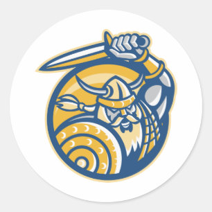 Pegatina Redonda Viking Norse Warrier Con Espada Y Escudo