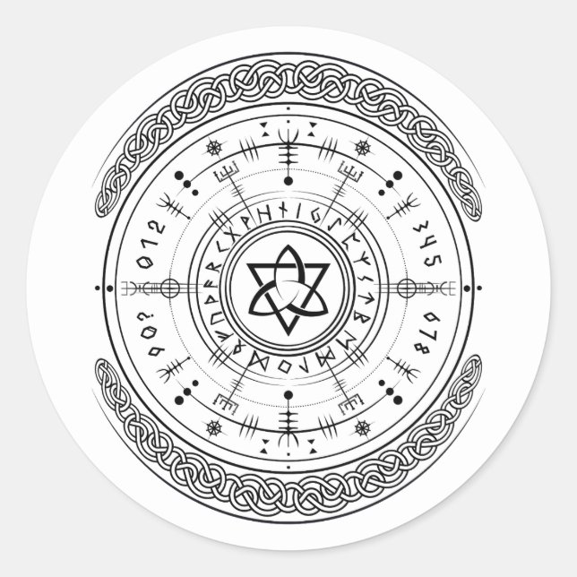 Pegatina Redonda Viking Pagan Asatru Runic Compass, Vegvisir corre (Anverso)