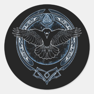 Pegatina Redonda Viking Raven Munin y Valknut