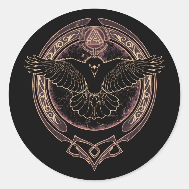 Pegatina Redonda Viking Raven Munin y Valknut Classic Round Stick (Anverso)