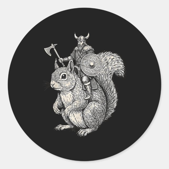 Pegatina Redonda Viking Riding Squirrel Funny Warrior Art  (Anverso)