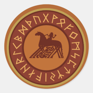 Pegatina Redonda Viking Runes, Ilustracion Odin y Sleipnir
