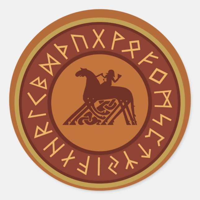 Pegatina Redonda Viking Runes, Ilustracion Odin y Sleipnir (Anverso)