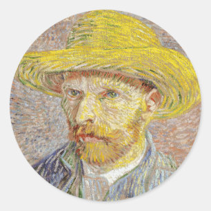 Pegatina Redonda Vincent van Gogh - Autorretrato con Gorra de paja