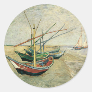 Pegatina Redonda Vincent van Gogh - Barcos de Pesca en la Playa