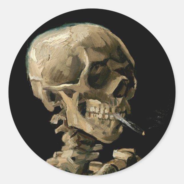 Pegatina Redonda Vincent van Gogh - Calavera con cigarrillo en llam (Anverso)