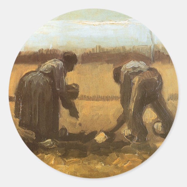 Pegatina Redonda Vincent van Gogh - Campesinos plantando papas (Anverso)