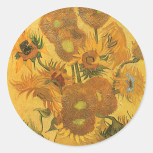 Pegatina Redonda Vincent van Gogh - Jarrón con quince girasoles