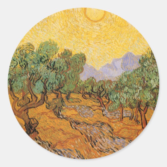 Pegatina Redonda Vincent van Gogh - Olivos, cielo amarillo y sol (Anverso)