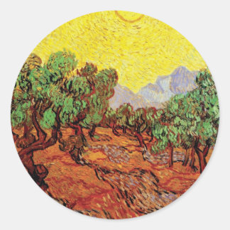 Pegatina Redonda Vincent Van Gogh - Olivos con cielo amarillo
