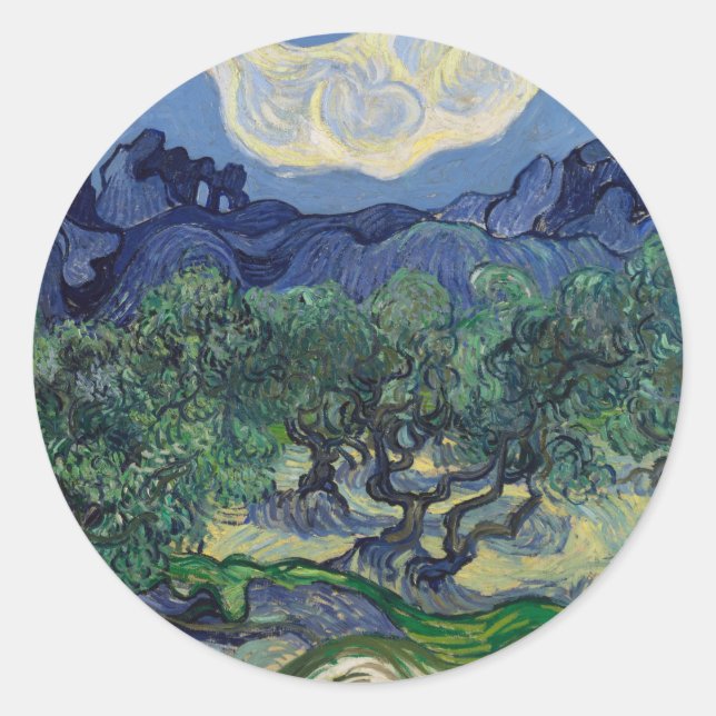 Pegatina Redonda Vincent van Gogh - Olivos, Montañas Alpilles (Anverso)